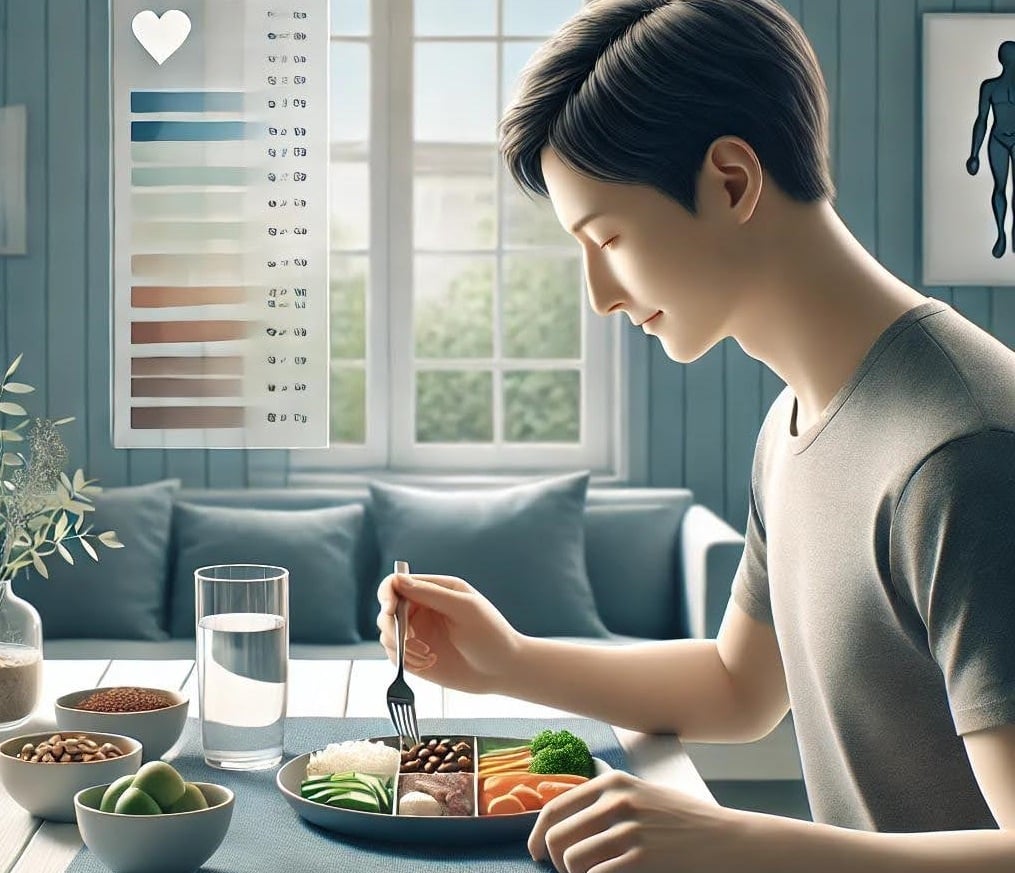 An illustration of a person sitting at a dining table, calmly eating a balanced meal with vegetables, protein, and grains.