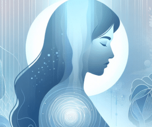 Illustration of a serene woman's profile enveloped by abstract blue waves and circles, suggesting calmness and mindfulness.