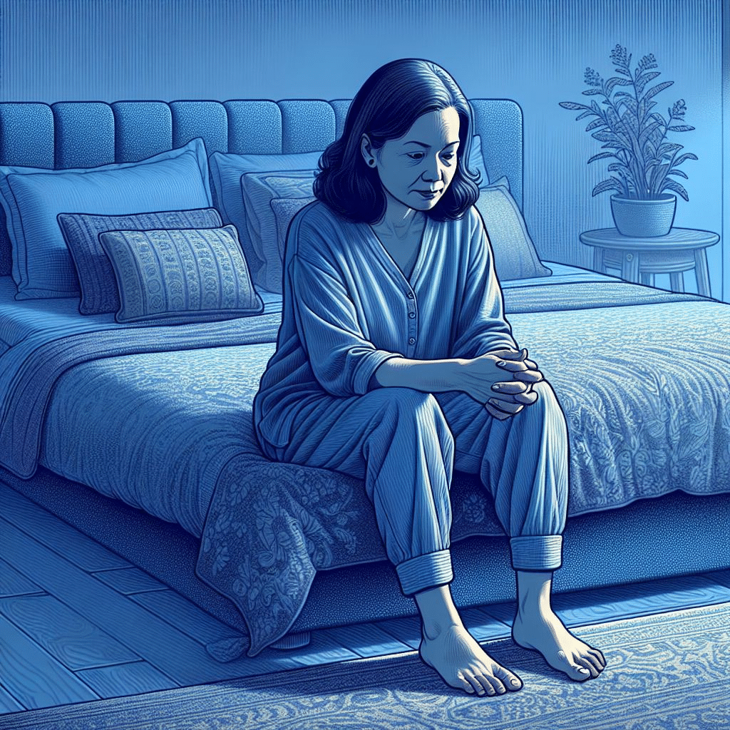 Illustration of a woman in blue pajamas sitting thoughtfully on the edge of her bed in a monochrome blue bedroom, with a decorative pillow and a plant on a side table.