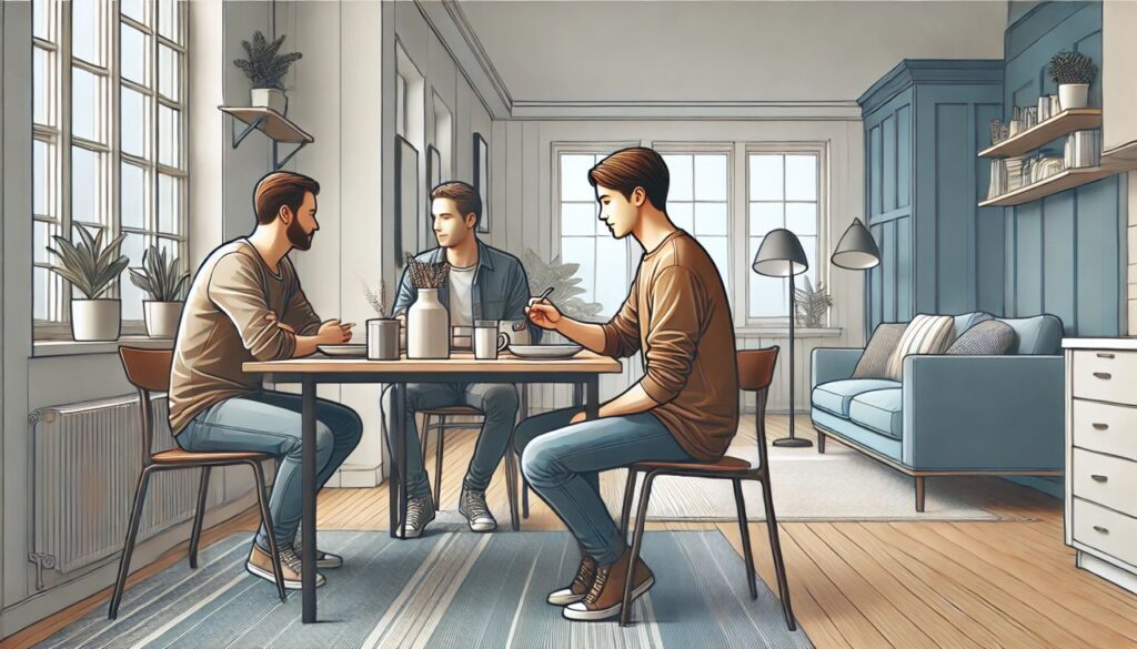 An illustration of a person seated at a dining table in a cozy apartment, casually sharing a meal or chatting with flat mates.