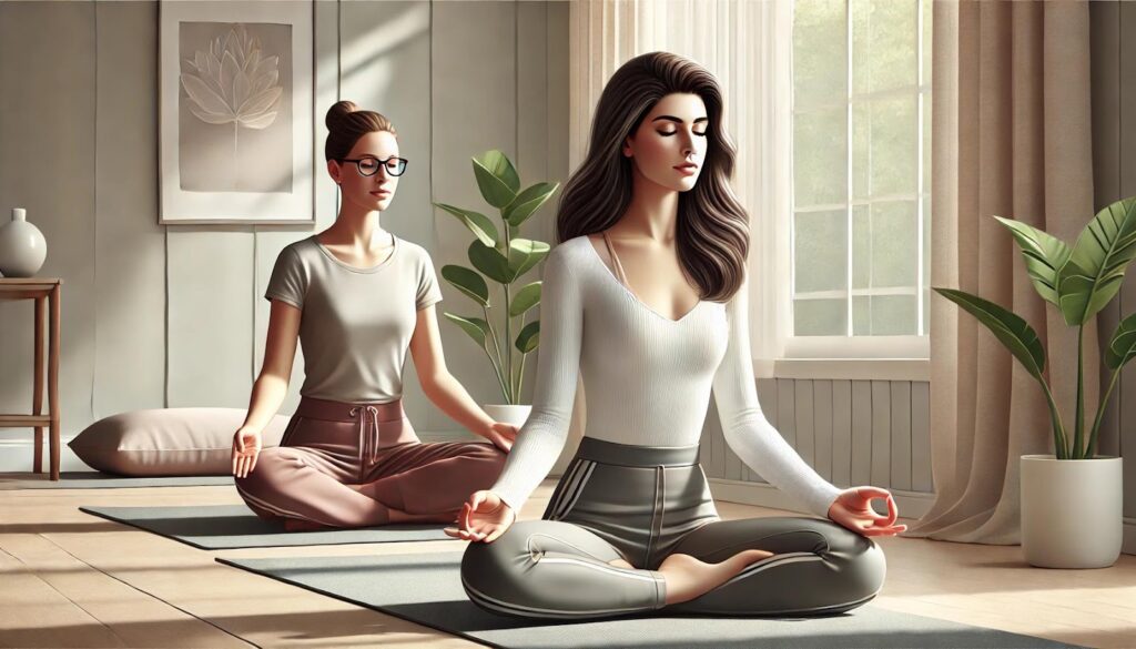 Two women practicing meditation in a room.