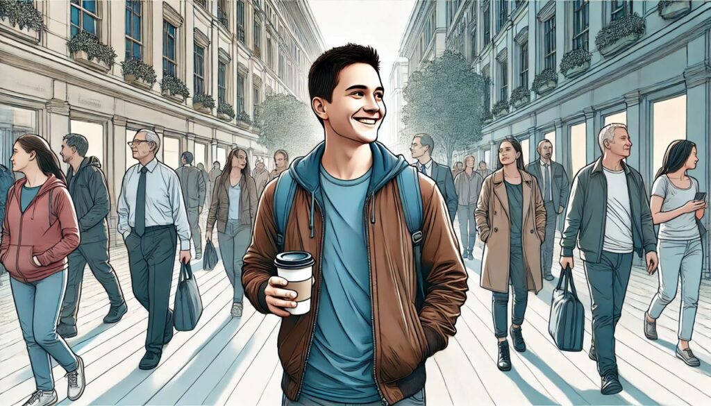 An illustration of a person walking through a bustling city square, holding a coffee cup.