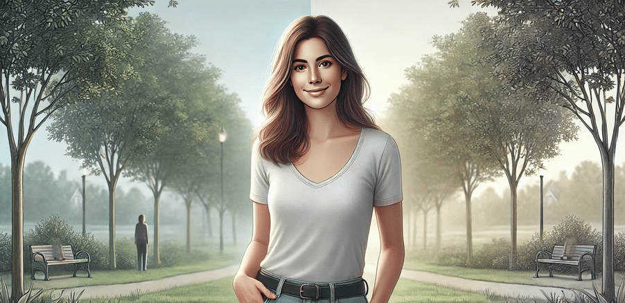 A single woman standing confidently in a serene park, smiling softly.