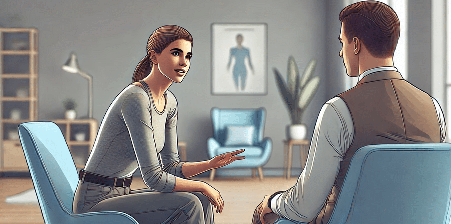 A woman sitting upright and animated in a professional therapy room, communicating with her therapist.