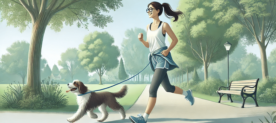 An illustration of a woman jogging in a serene park, and holding the leash of a dog.