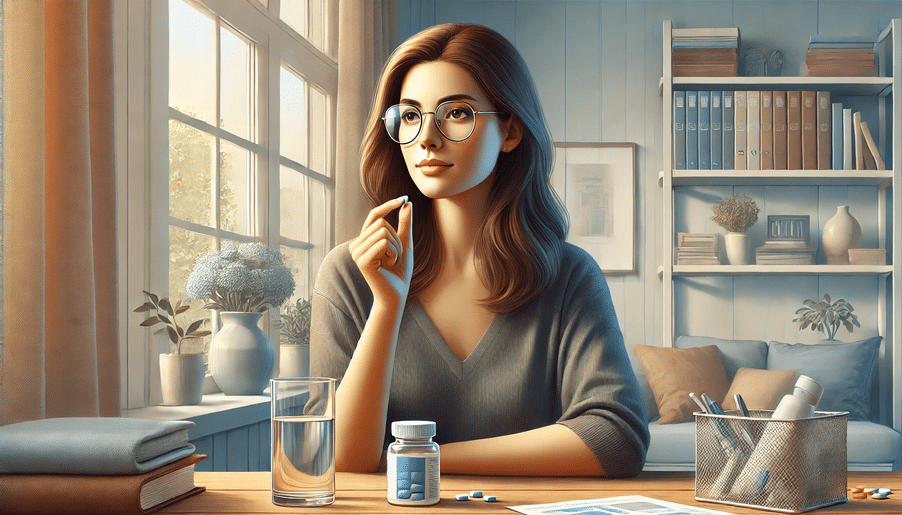 An illustration of a woman with glasses taking her medications. 