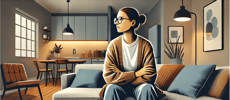 An illustration of a woman seated on a couch in her apartment.