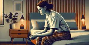 An illustration of a woman seated on the edge of her bed in a dimly lit bedroom.