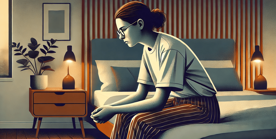 An illustration of a woman seated on the edge of her bed in a dimly lit bedroom.