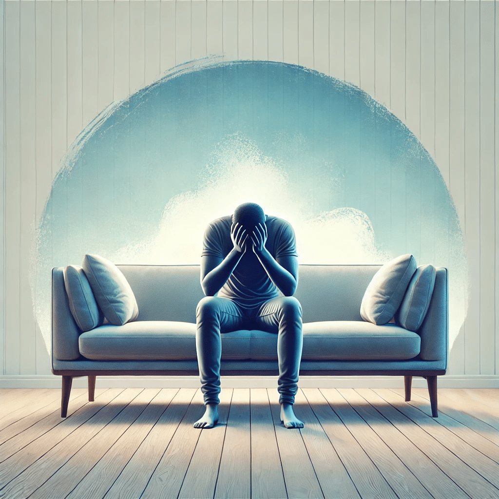 An illustration of a person sitting on a couch with their face in their hands.