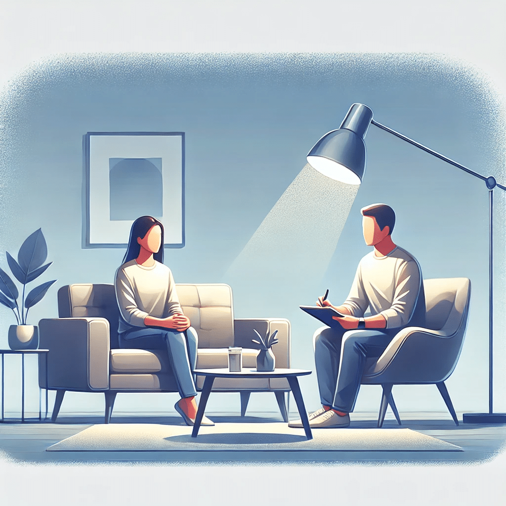 An illustration of a person in a therapy session, sitting with a professional therapist.