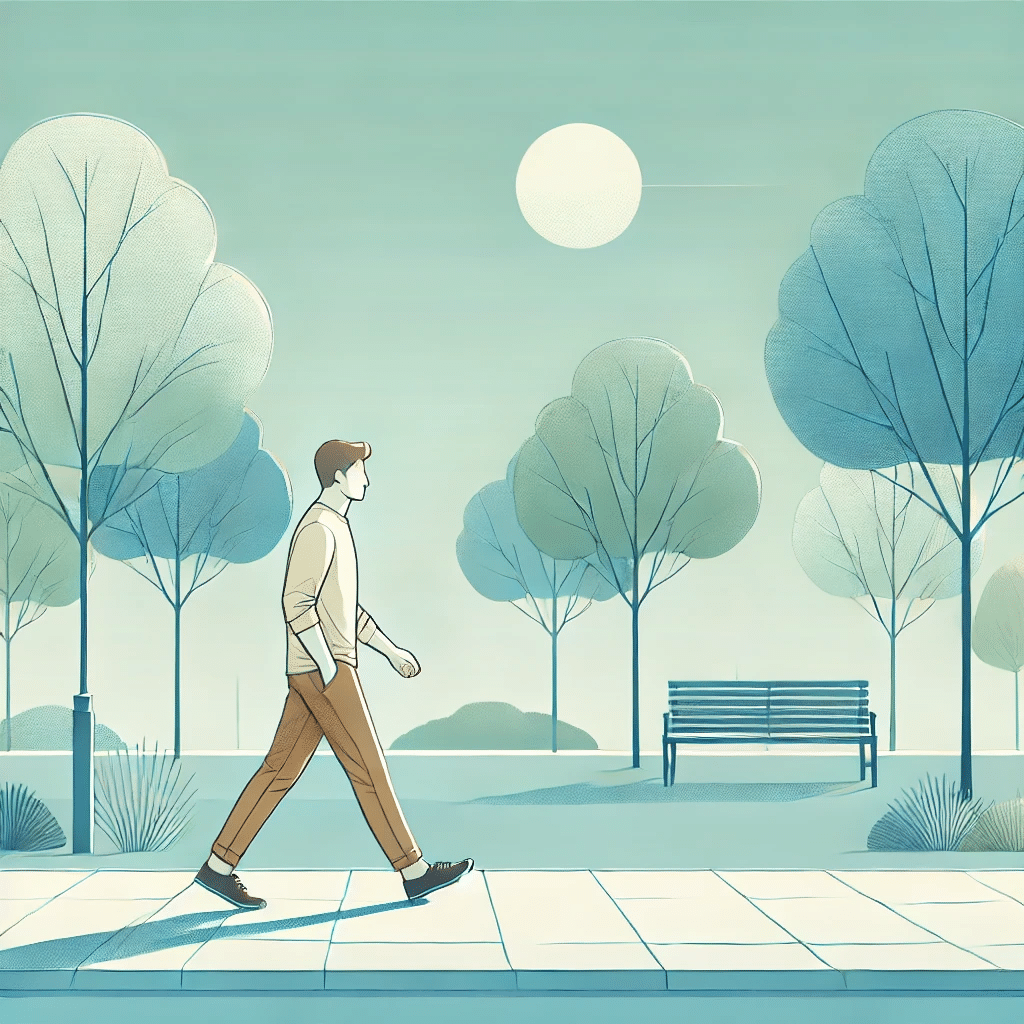 An illustration of a person walking in a peaceful park