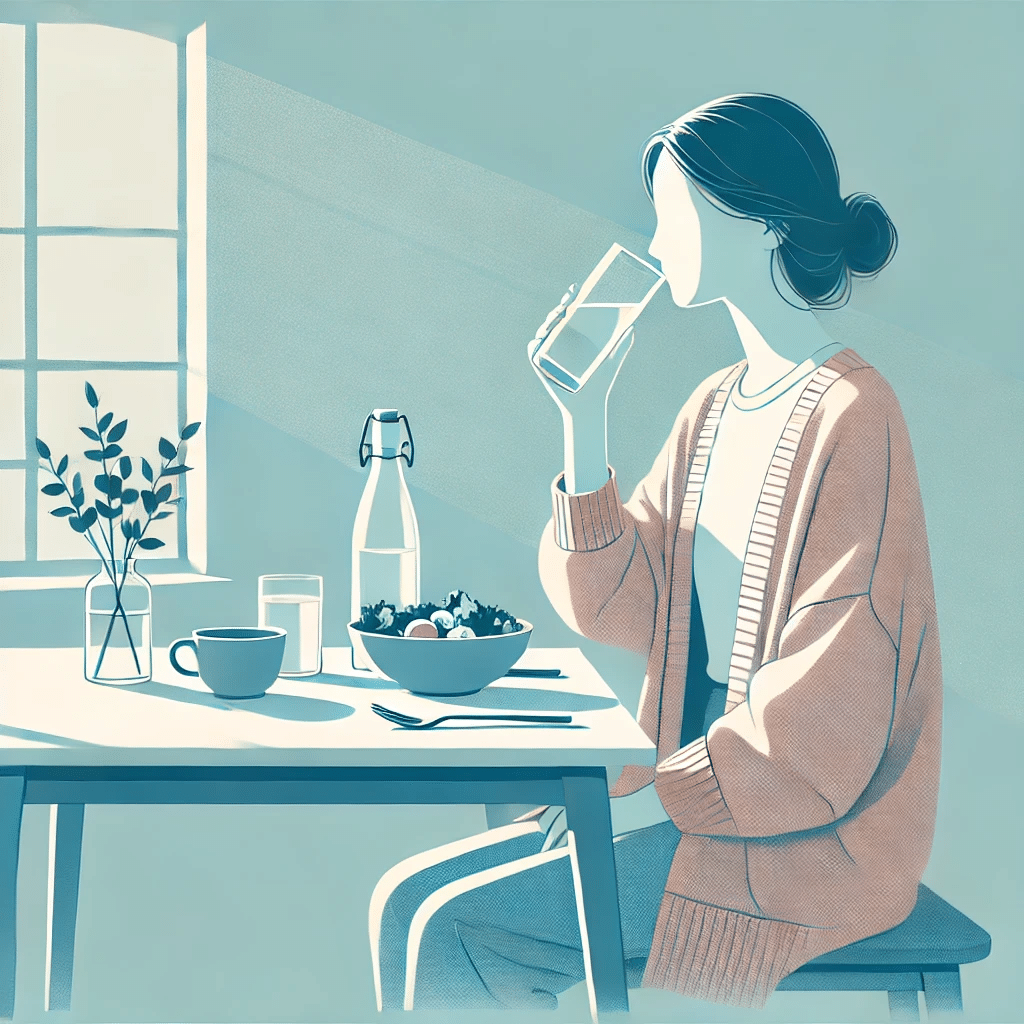 An illustration of a person sitting at a table, drinking water.