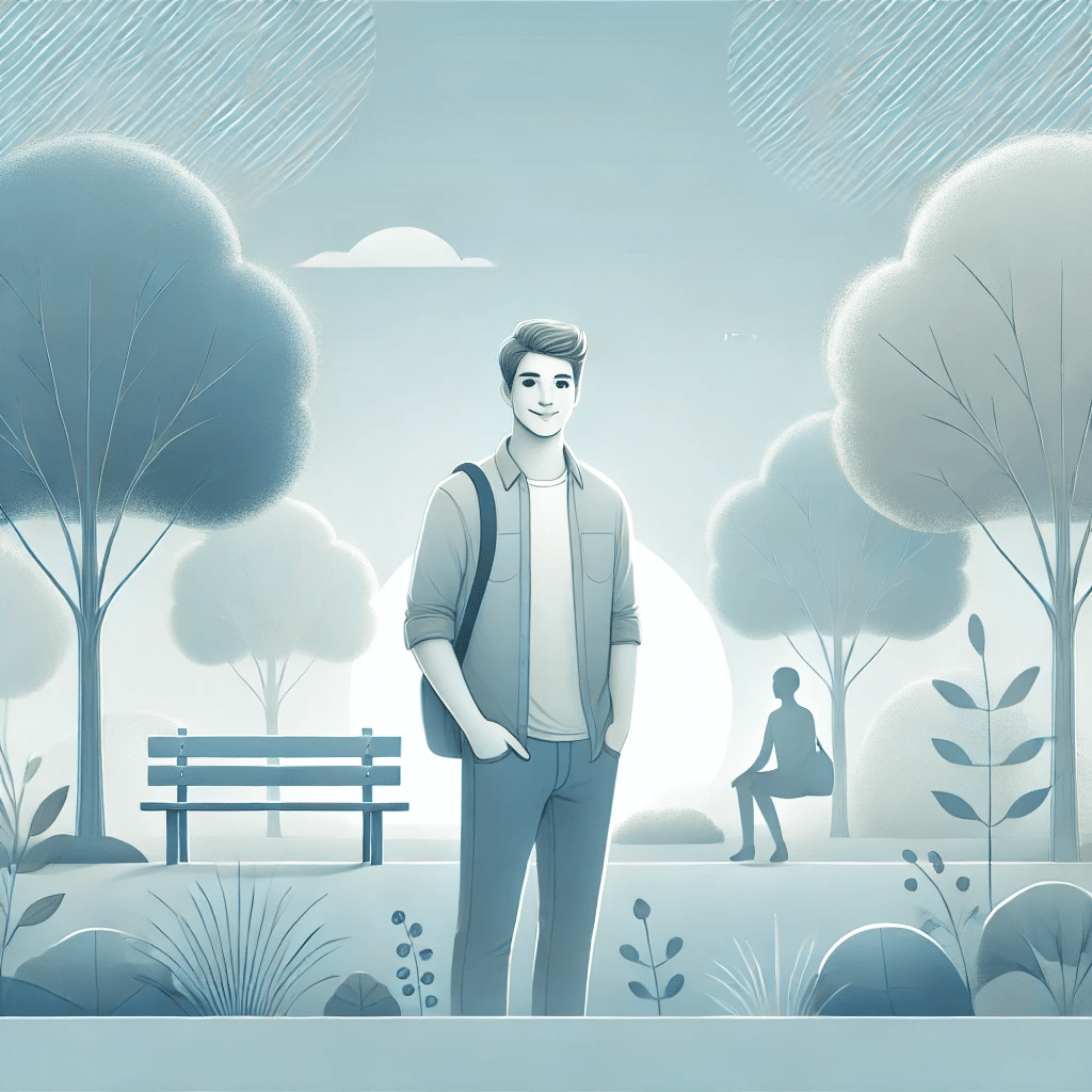 An illustration of a person standing in a peaceful park with a soft smile.