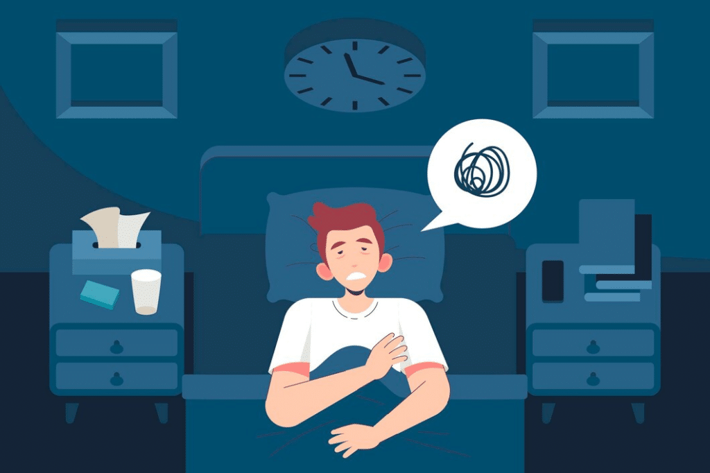 An illustration showing a man having sleep disturbances.