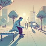 A distressed man sitting on a bench in public.