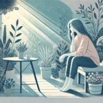 A tired woman sitting in a garden.
