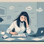 A woman sitting at a desk with papers and a laptop.