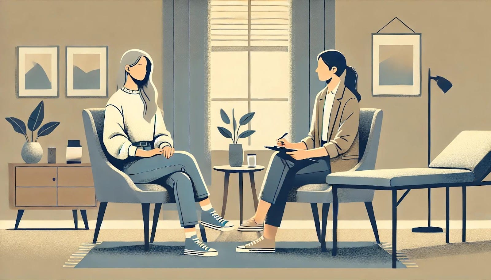 Two women having a one-on-one therapy session in a peaceful setting.