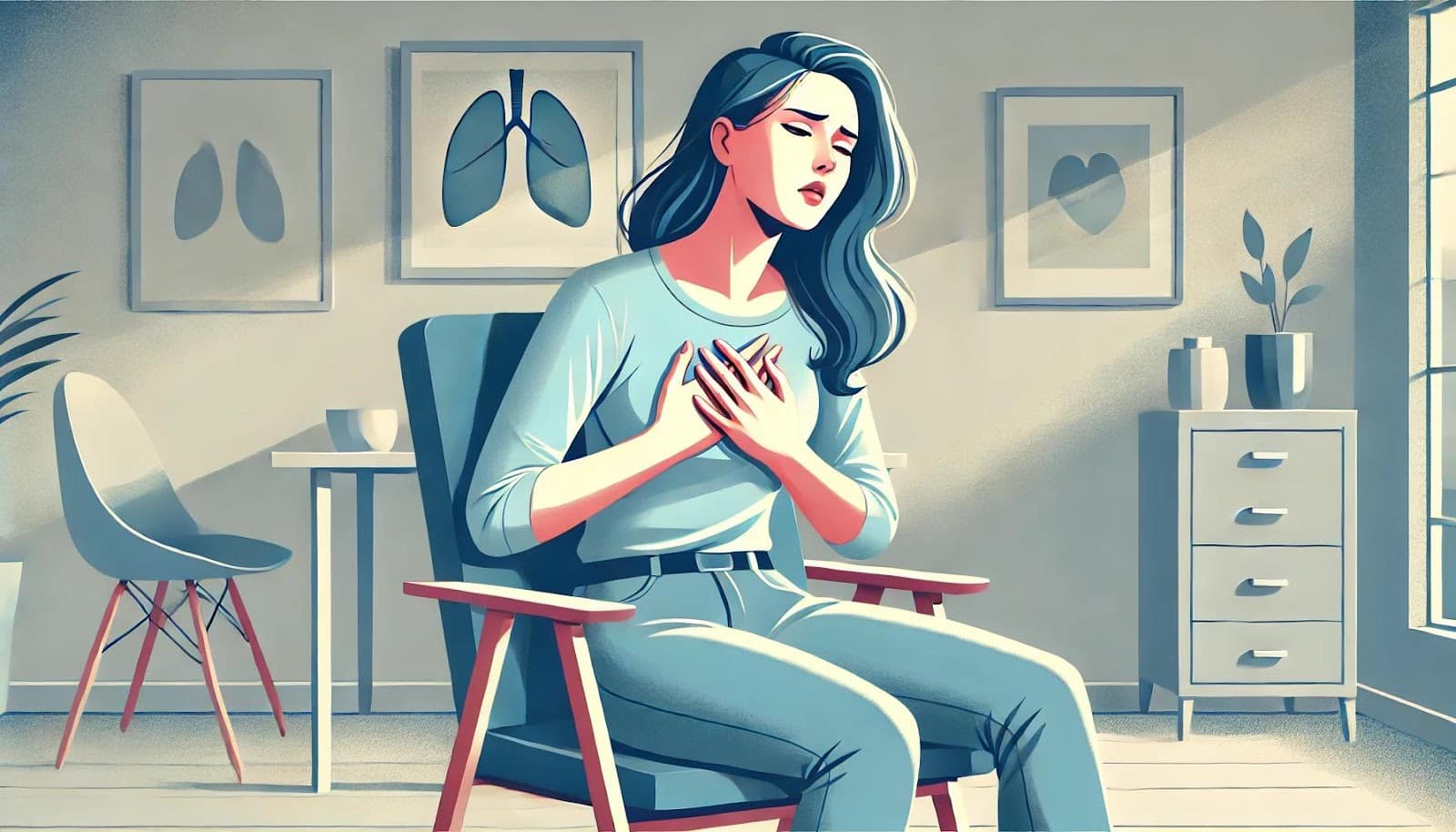 Woman seated in a chair clutching her chest.