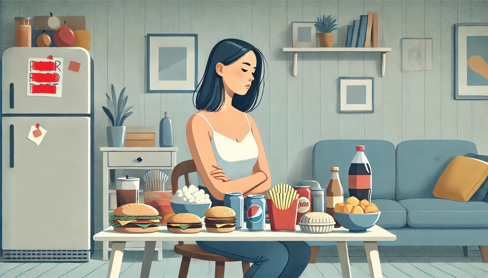 Woman sitting at a table with fast food and soda.