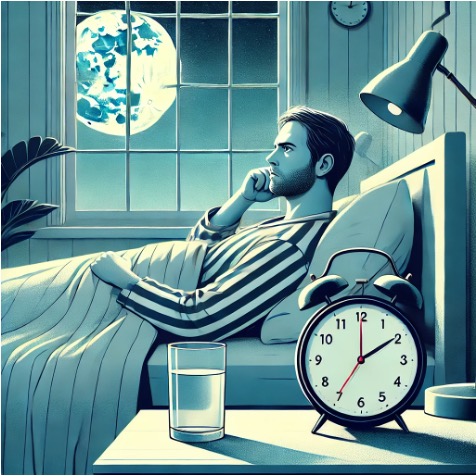 A man lying awake in bed, showing signs of insomnia and tension.