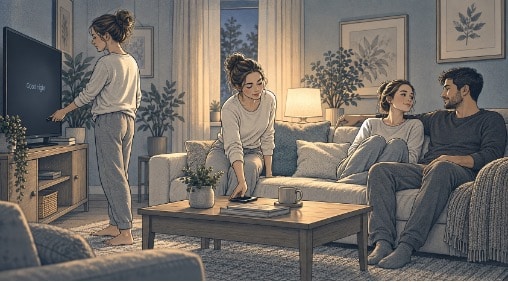 Family reducing noise and distractions before talking with a loved one who has schizoaffective disorder. 