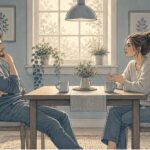 Couple having a calm conversation at the kitchen table while supporting a partner with schizoaffective disorder.