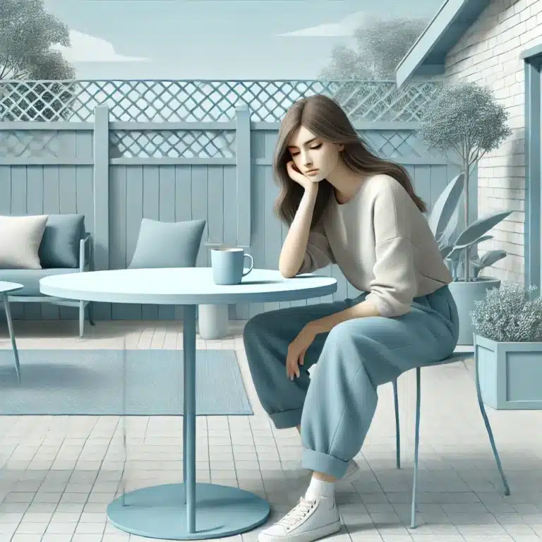 A tired woman sitting at a round outdoor table in a light blue-themed garden with minimalist decor.