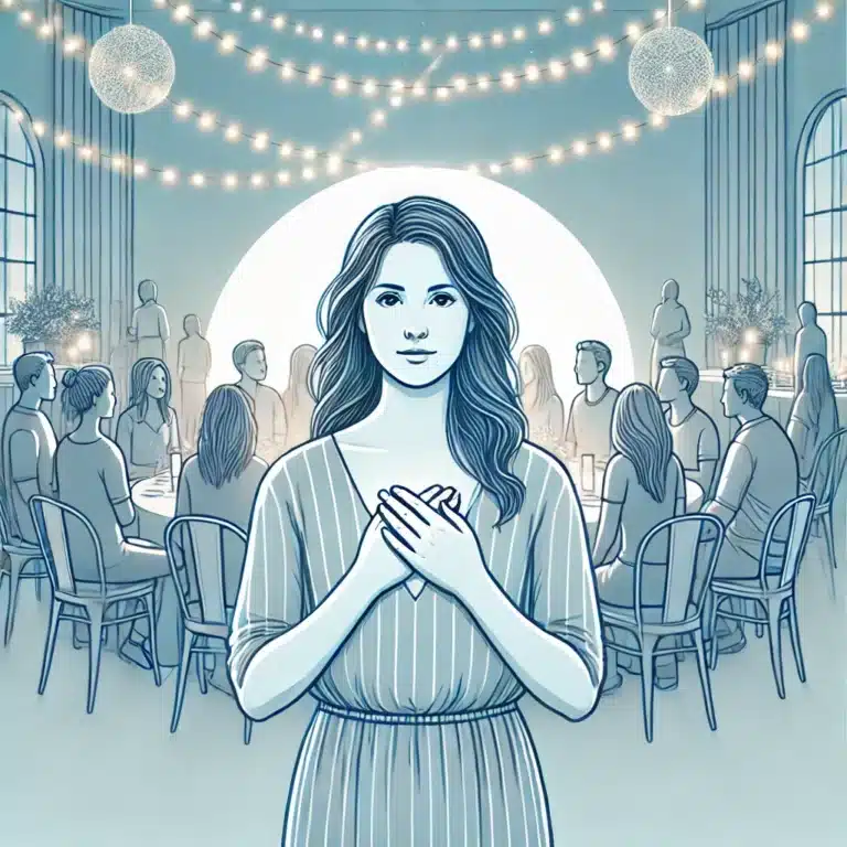 A woman standing in a crowded event, practicing mindfulness.