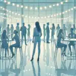 A woman standing alone in a room full of people.