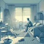 A man sitting in a messy living room.