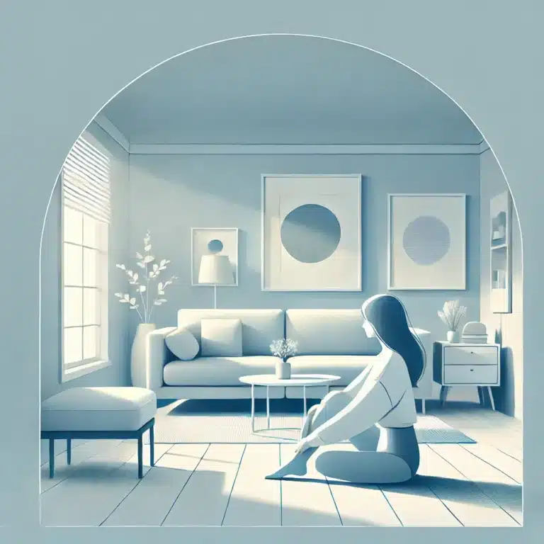 A woman sitting on the floor in a living room