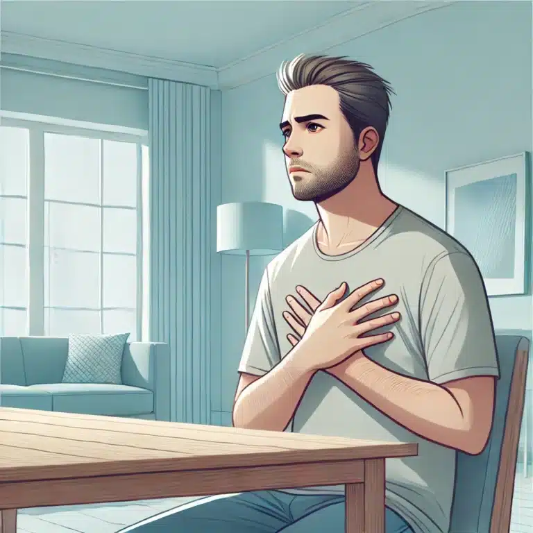 A man clutching his chest in an indoor setting.