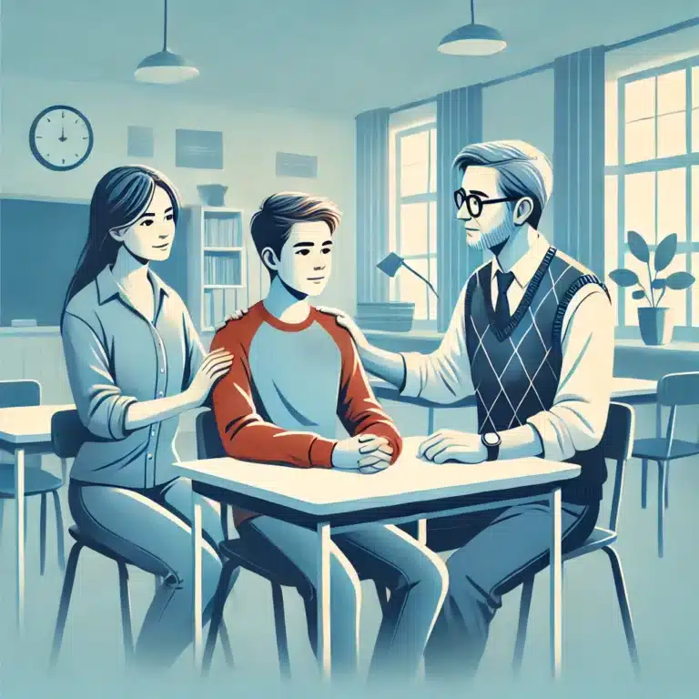 A young boy sitting at a classroom desk, receiving support from a parent and teacher.