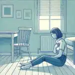 Woman sitting on the floor holding her chest.