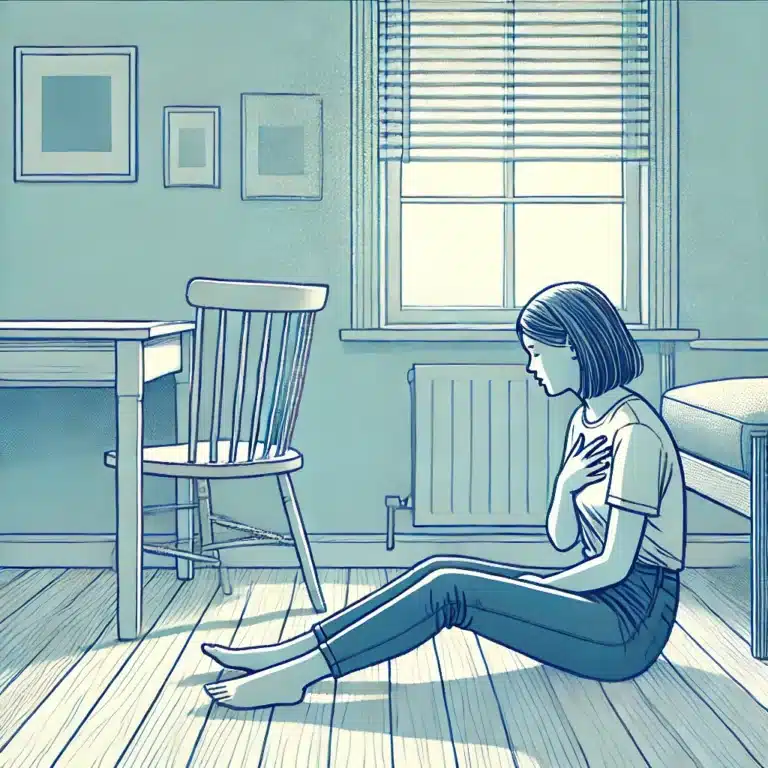 Woman sitting on the floor holding her chest.