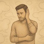 Person with distressed expression surrounded by thought bubble clouds