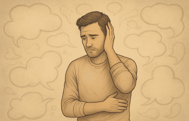 Person with distressed expression surrounded by thought bubble clouds