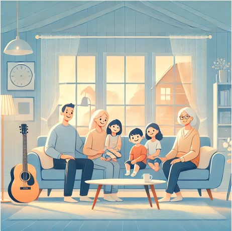 A family spending time together in a living room.