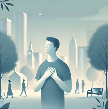Person standing calmly in a park.