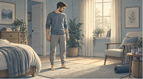 Man pressing bare feet into a bedroom rug as a grounding technique to interrupt a trauma flashback