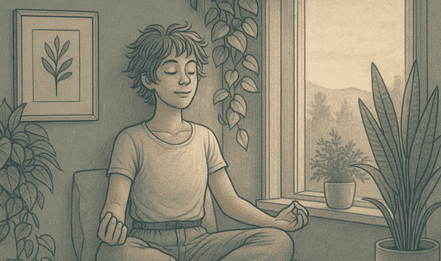 Person meditating in a cross-legged position in a peaceful room with houseplants.