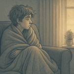 Person wrapped in a blanket sitting thoughtfully on the couch, looking out the window.