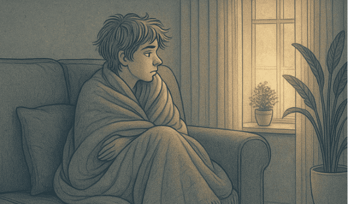 Person wrapped in a blanket sitting thoughtfully on the couch, looking out the window.