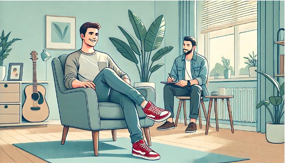 A smiling patient talking to a therapist.
