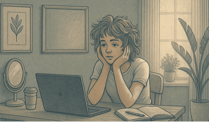 Person looking stressed with hands on face while working at laptop desk.