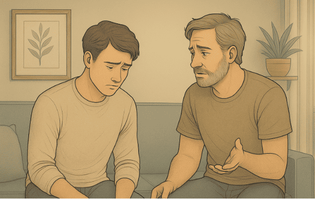 Supportive conversation between two people sitting on a couch.