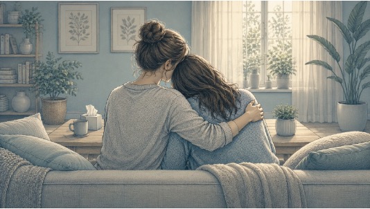 Two people sharing a compassionate moment, reflecting how empathy helps build trust with someone living with schizoaffective disorder 
