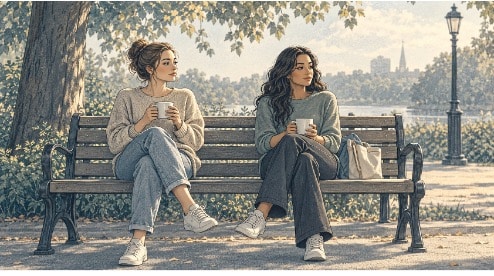 Two women sharing coffee and quiet conversation on a park bench, rebuilding trust through safe connection during trauma recovery